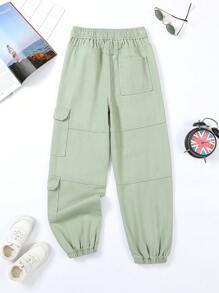 Pantalon cargo en denim multipoches de coton arc-en-ciel décontracté pour garçons préadolescents avec taille élastique et poignets - Vert - Voir 2