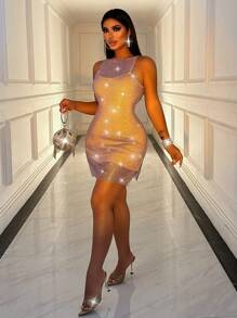 Zolique SHEIN SXY Women's Party Rhinestone Gorgeous Date Simple Daily Mesh Dress - Mauve Purple - View 5