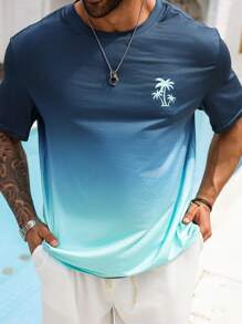 ResortEase Men Plus Vacation Tropical Palm Tree Graphic Print Beach Short Sleeve Ombre Tee