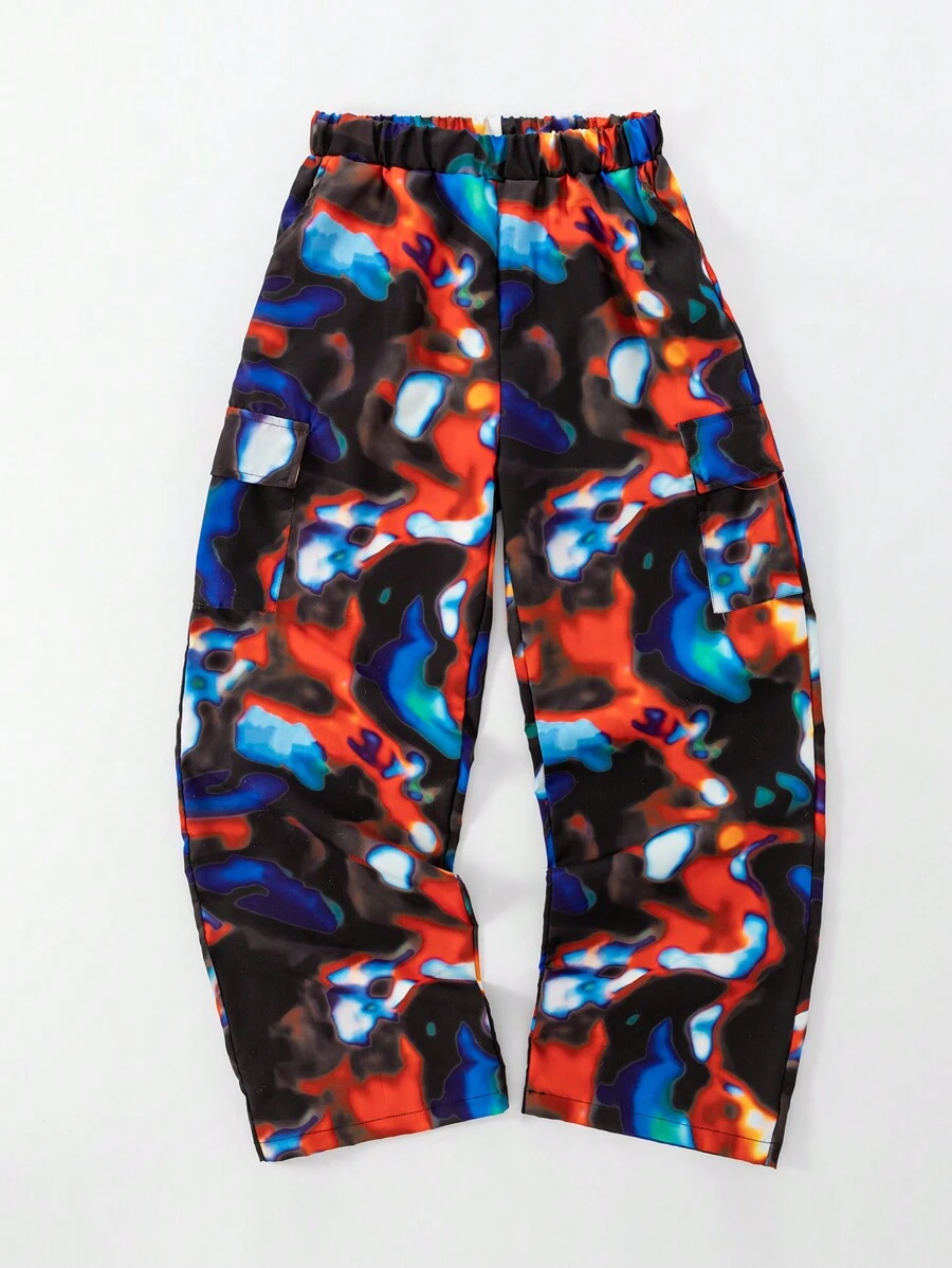 SHEIN Leisure Teen Boy Elastic Waist Tie-Dye Loose Printed Pants - Black - View 1