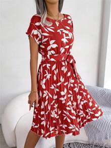 Summer Boho Floral Red Dress Batwing Sleeve Round Neck Tie Waist Pleated Ruffle Midi Short Sleeve Vacation Essential Womens Beach Sundress - Đỏ - Xem 4