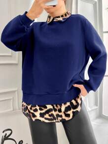 SHEIN Cottnline Leopard Print Plus Size Spliced 2 in 1 Sweatshirt - Blue - View 1