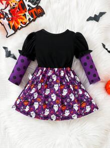 Váy dài tay họa tiết hoạt hình màu tím Halloween thanh lịch tuyệt đẹp hàng ngày/thường ngày/lễ hội cho bé gái, mùa thu/đông, dự tiệc Halloween - Nhiều màu - Xem 2