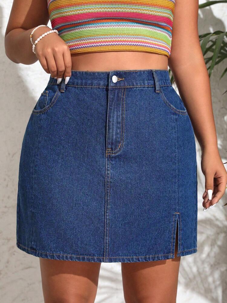 SHEIN VCAY Plus Size Denim Mini Skirt Without Elasticity - Medium Wash - View 1