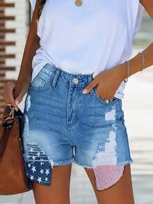 Women's American Flag Printed Distressed Denim Shorts With Frayed Hem And Pockets - Blue - View 3
