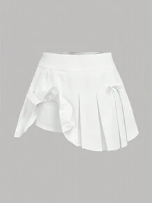 SHEIN Girlism Đồng phục học sinh nữ sinh tuổi teen, quần short bên trong thắt nơ xếp ly màu trắng, dễ thương và thoải mái - trắng - Xem 5
