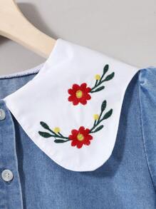 SHEIN 少女藍色牛仔泡泡袖連身裙，具有花卉刺繡和色塊設計 - 彩色 - 查看 6