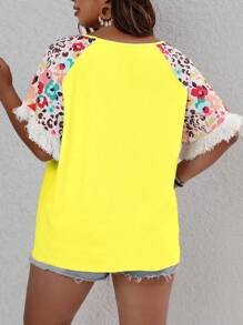 Breezaya Plus Size Solid Color Patchwork Fringe Short Sleeve T-Shirt, Casual & Vacation