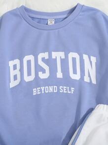 SHEIN Teen Girl Knitted Solid Color Letter Print Sweatshirt & Colorblock Shorts Casual 2pcs/Set - Blue and White - View 4