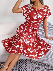 Summer Boho Floral Red Dress Batwing Sleeve Round Neck Tie Waist Pleated Ruffle Midi Short Sleeve Vacation Essential Womens Beach Sundress - Đỏ - Xem 5