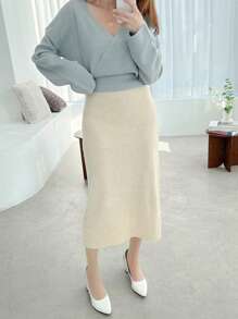 DAZY Women V-Neck Long Sleeve Solid Color Fitted Sweater, Autumn,Fall Women Clothes - Blue - View 8