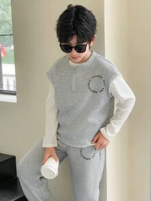 SHEIN Bộ 3 món áo vest, áo phông và quần rộng rãi cho bé trai Tween cho mùa xuân thu - Xám - Xem 4