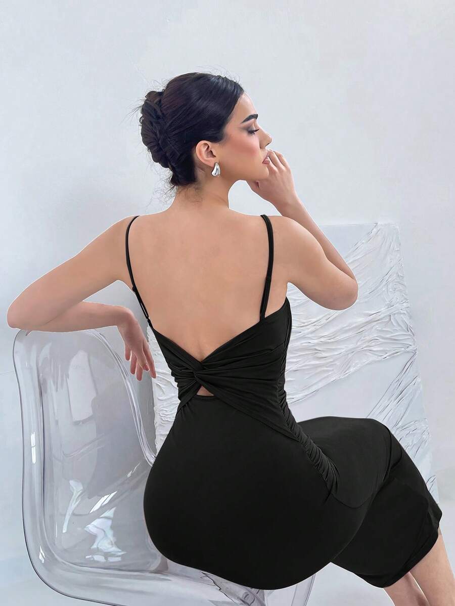 Aloruh 後系結彈性帶肩帶長裙，開背設計，無袖，適合夏季穿著 - 黑色 - 查看 1