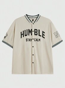 Manfinity VCAY 男士加大碼休閒針織字母印花無縫短袖上衣，適用於夏季和運動，學校衣服返校 - 杏色 - 查看 1