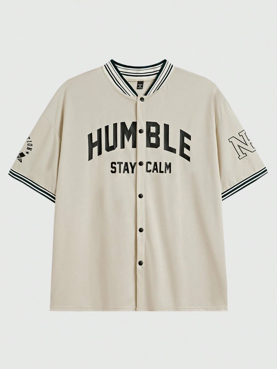 Manfinity VCAY 男士加大碼休閒針織字母印花無縫短袖上衣，適用於夏季和運動，學校衣服返校 - 杏色 - 查看 1