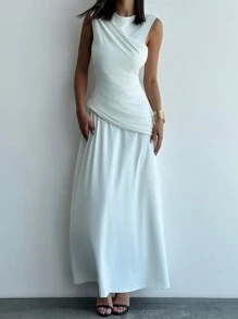 Aloruh 新款優雅圓領不對稱袖A字裙，收腰修身款式，四季款褲裙底 - 白色 - 查看 7