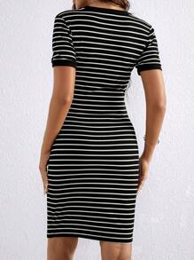 SHEIN Pregnant Women's Striped Printed Simple Daily Short Sleeve Dress For Maternity