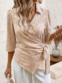 SHEIN Clasi Camisa mediana con diseño de lazo envolvente en las mangas - Albaricoque - Ver 5