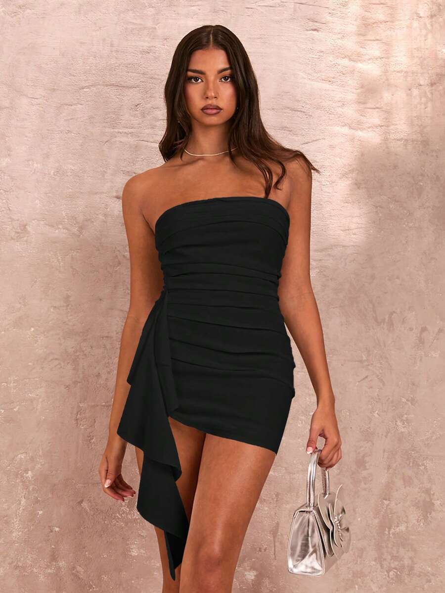 SHEIN BAE White Women's Sleeveless Strapless Sexy Bandeau Pleated High-Slit Dress With Ruffle Trimmed Belt, Summer - Black - View 1