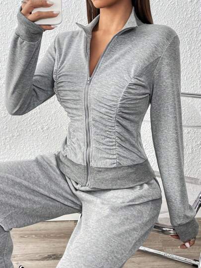 Flirla Women's Zipper Up Folded Long Sleeve Floral Grey Knitted Slim Fit Sports Outdoor Jacket Fall Cloth For Women