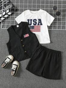 Kids Summer Outfits - 3pcs Young Boy Comfortable & Casual Style American Independence Day Flag Printed T-Shirt, Flag Patch Vest And Shorts Set