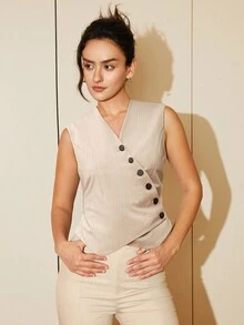 Amyenjoylife Solid Color V-Neck Button Elegant Sleeveless Vest, Summer - Khaki - View 3