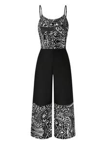 SHEIN LUNE Plus Size Women's Vintage Style Printed & Solid Color Patchwork Jumpsuit With Spaghetti Straps - Black and White - View 1