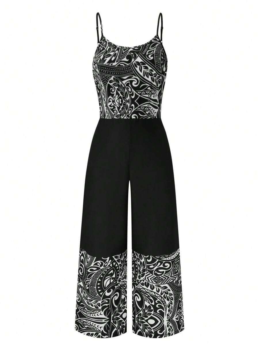 SHEIN LUNE Plus Size Women's Vintage Style Printed & Solid Color Patchwork Jumpsuit With Spaghetti Straps - Black and White - View 1