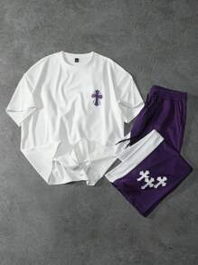 Manfinity Homme 男士夏季十字印花圆领短袖 T 恤和抽绳腰长裤休闲装，男友礼物 - 白色 - 查看 3