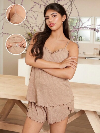 SHEIN Maternity Casual Nursing Top, Adjustable Ruffle Trim Cami Tank & Loose Fit Shorts Set