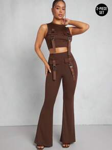 SHEIN Unity Ensemble deux pièces avec Top et pantalon avec boucle et poche - Marron - Voir 8