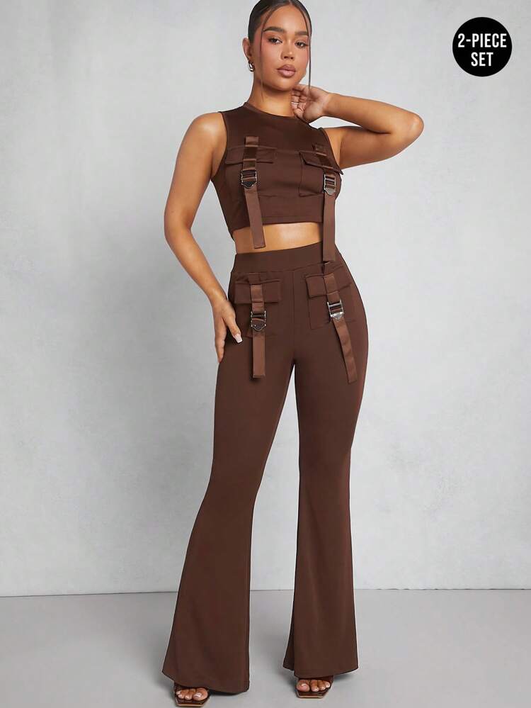 Buckle Strap Pocket Top & Pants Two Pieces Set