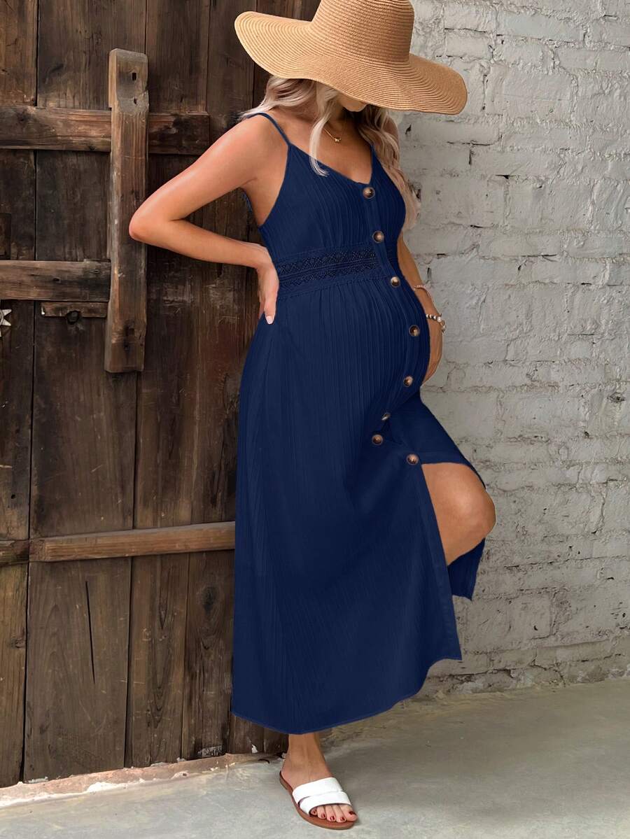SHEIN Maternity Button Front Cami Dress For Summer - Navy Blue - View 1