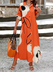 EMERY ROSE Women's Holiday Casual Random Printed Button-Down Shirt Dress Maxi Women Outfit