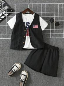 Kids Summer Outfits - 3pcs Young Boy Comfortable & Casual Style American Independence Day Flag Printed T-Shirt, Flag Patch Vest And Shorts Set