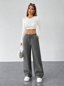 SHEIN PETITE 女士休闲纯色宽松阔腿裤 - 灰色 - 查看 7