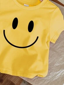 SHEIN Kurzärmeliges Baby Mädchen Top mit lächelndem Gesicht Muster, geeignet für den Sommer