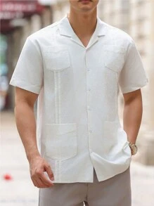 Áo sơ mi nam tay ngắn màu trơn kiểu cổ điển, họa tiết đồng xu, có hai túi, phong cách thường ngày và đa năng. - trắng - Xem 3