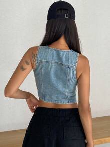 DAZY Flap Pocket Button Front Crop Denim Vest - Light Wash - View 5