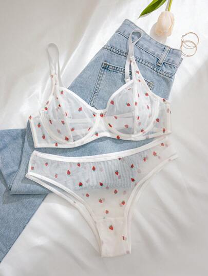 Mesh Strawberry Print Breathable Underwire Verleidelijke BH Triangle Panties (Sexy Underwear Set) Schattige Women Set, Lingerie view 6