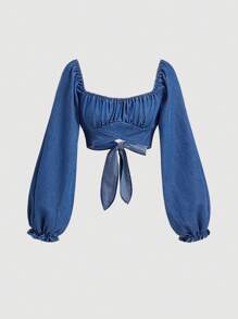 SHEIN MOD Top integrado para mujer en denim dulce azul de manga larga corta con mangas abullonadas - Azul lavado oscuro - Ver 1