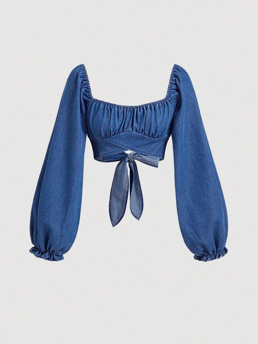 SHEIN MOD Top integrado para mujer en denim dulce azul de manga larga corta con mangas abullonadas - Azul lavado oscuro - Ver 1