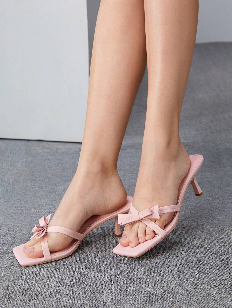 CUCCOO CHICEST Women's Simple And Fashionable Bow Knot Striped Thin High-Heeled Sandals With Square Toes Vacation Shoes Summer - Pink - View 1