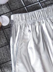 1pc Boys' Shorts Elastic Waist Silver Coated Fabric Casual Shorts, Summer - Silver - View 4