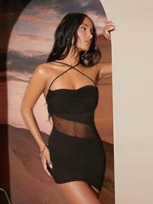 Hauture Cross Strap Mesh Panel Mini Party Dress - Black - View 6