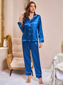 Bộ đồ ngủ satin dài tay đơn giản hàng ngày dành cho nữ, quần dài, trang phục mùa thu - Màu xanh lam - Xem 6