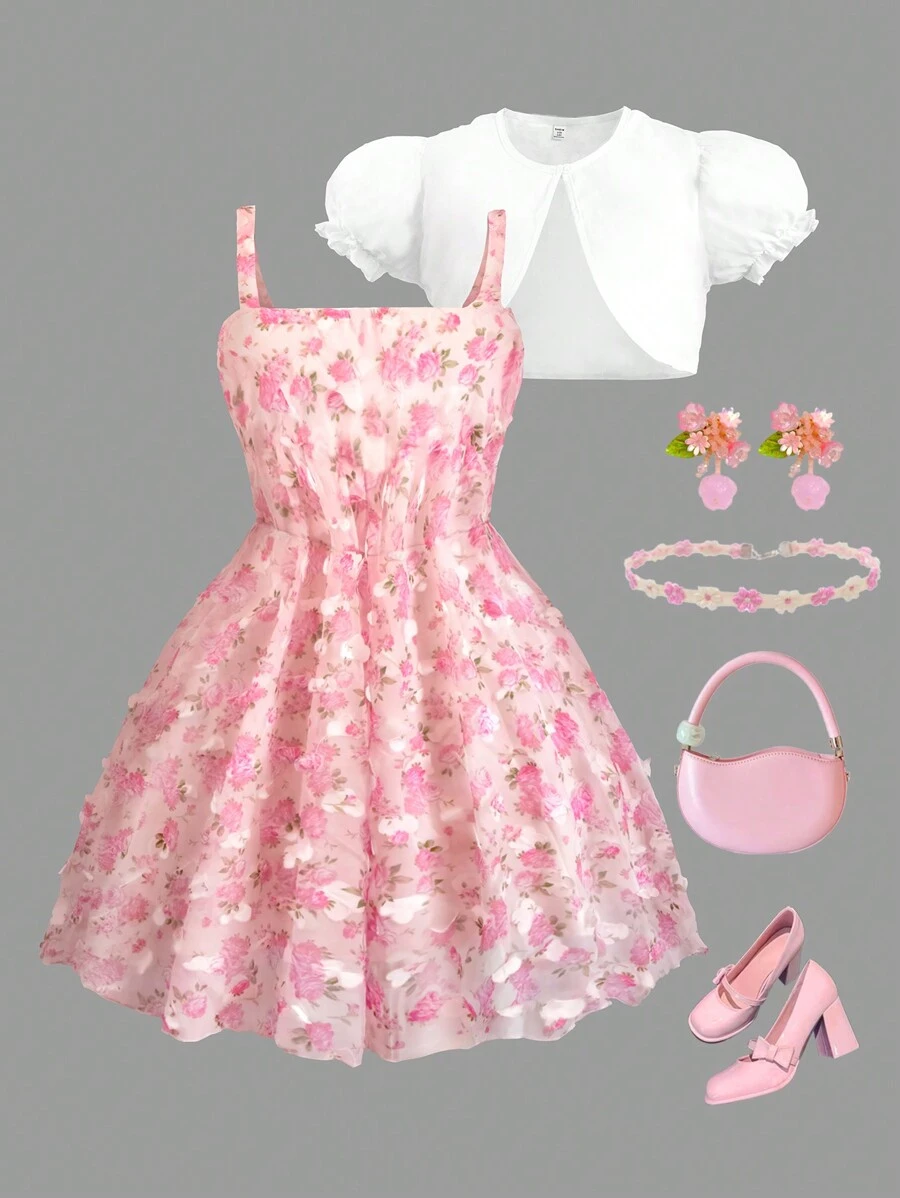 SHEIN ELEGANTZ estilo de vacaciones elegante para niña preadolescente con mangas abullonadas tipo burbuja, parte superior de encaje y volantes en la capa exterior y vestido con camisola de flores en 3D. Perfecto para vacaciones, fiestas y uso diario.