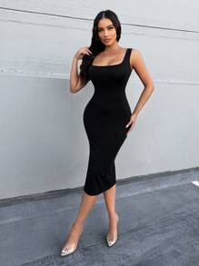 Zolique Robe longue d'été élégante pour femme, coupe ajustée, dos avec bretelles, sans manches, couleur unie