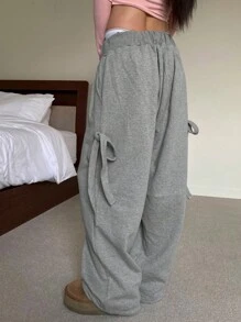 DAZY Pantalon de jogging ample gris ample à large jambe et nœud papillon sur le côté pour femmes, pour un port quotidien - Gris - Voir 2