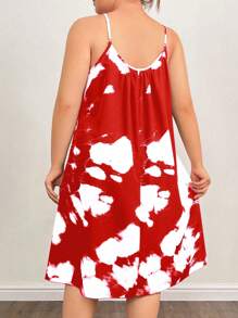 EMERY ROSE Plus Size Women's Random Printed Simple Daily Wear Spaghetti Strap Dress For New Year, For Summer - Red - View 2